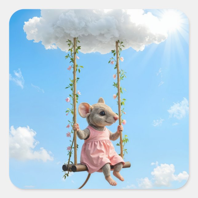 Sticker Carré Girl Mouse On a Summer Swing (Devant)