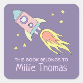 Sticker Carré Girl's Rocket Ship 'This Book Belongs' et nom