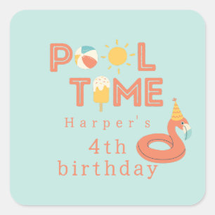 Sticker Carré glace flamant rose été anniversaire enfants fête p