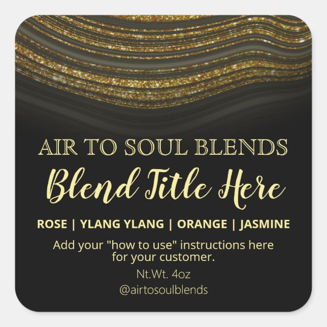 Sticker Carré Glam Agate Black Gold Essential Oil Blend Étiquett (Devant)