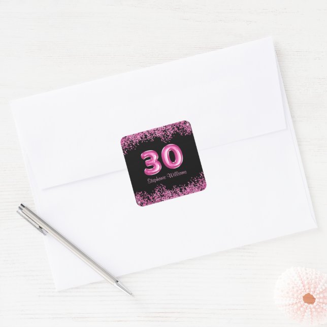 Sticker Carré Glam Black Pink Foil 30e fête d'anniversaire (Enveloppe)