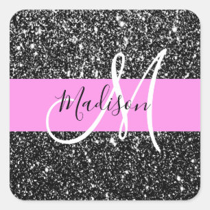 Sticker Carré Glam Chic Rose Parties scintillant noire Nom étinc
