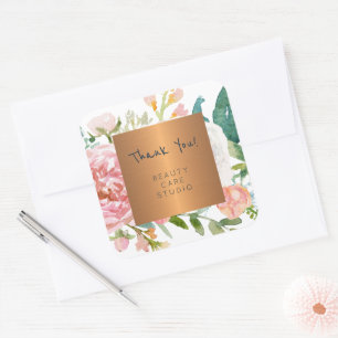 Sticker Carré Glam cuivre métallisé pastel peonies merci
