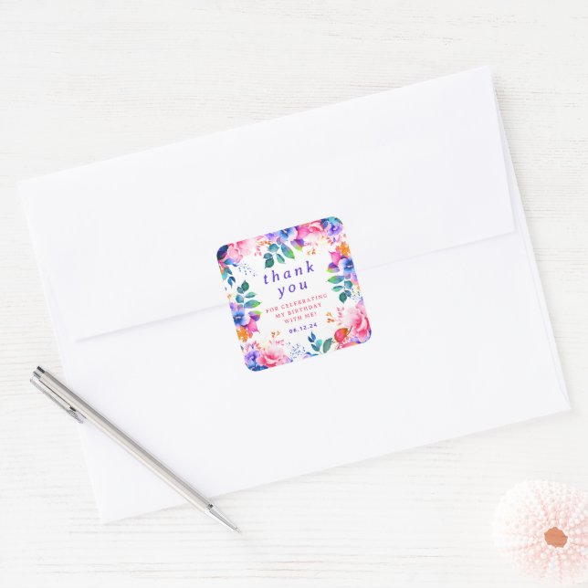 Sticker Carré Glam Garden Aquarelle Florale Anniversaire Merci (Enveloppe)