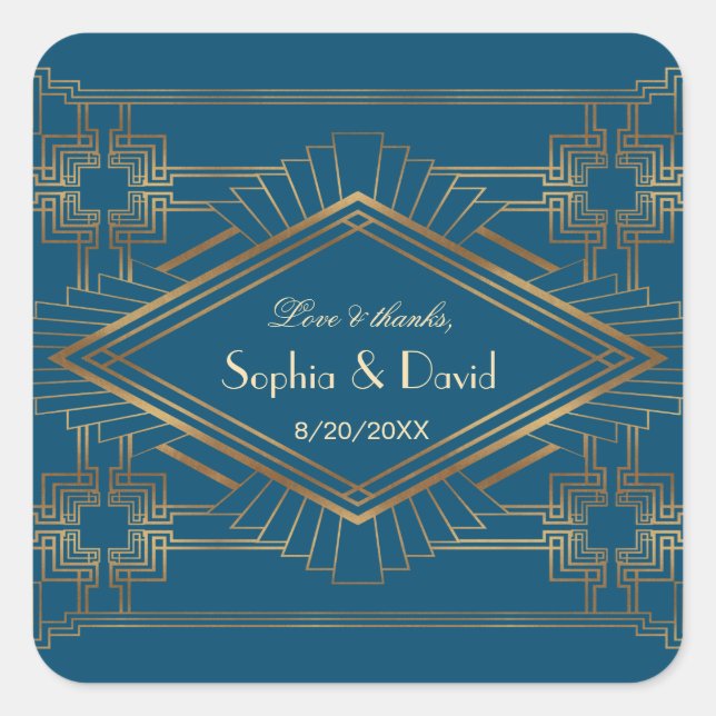 Sticker Carré Glam Gold Great Gatsby Ocean Blue Mariage (Devant)