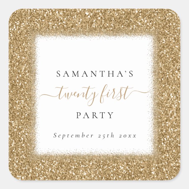 Sticker Carré Glam Gold Parties scintillant Nom 21e fête d'anniv (Devant)