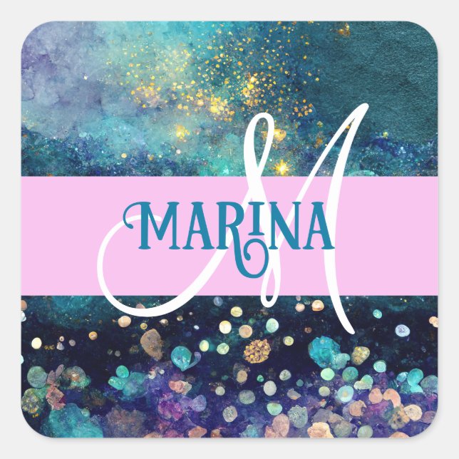 Sticker Carré Glam Mermaid Aqua Gold Parties scintillant étincel (Devant)