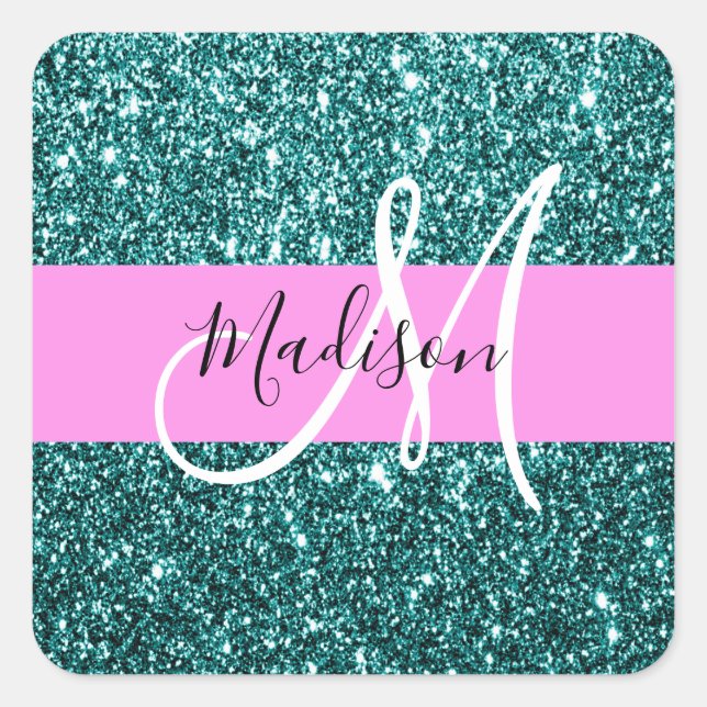 Sticker Carré Glam Pink Turquoise Parties scintillant verte Nom  (Devant)
