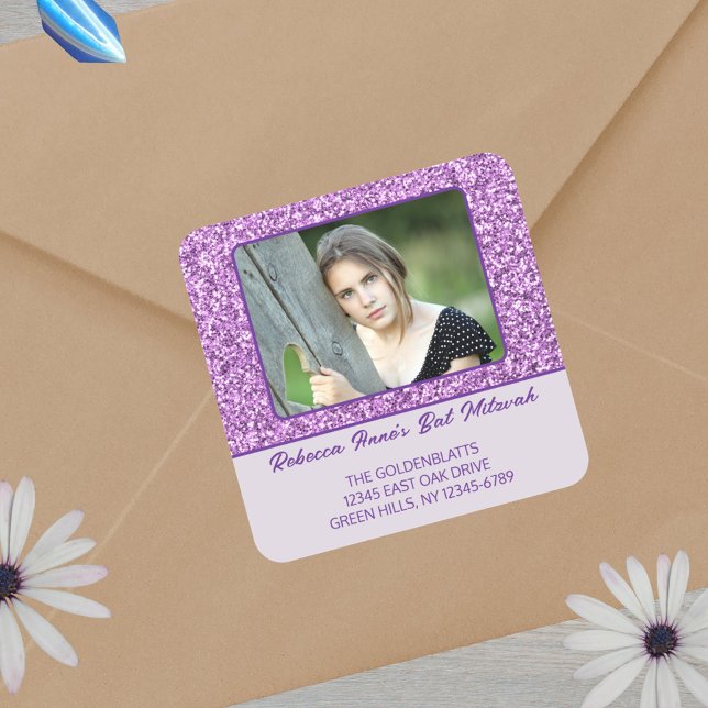 Sticker Carré Glam Purple Photo Élégante Pour Son Bat mitzvah (Add your photo and custom text)