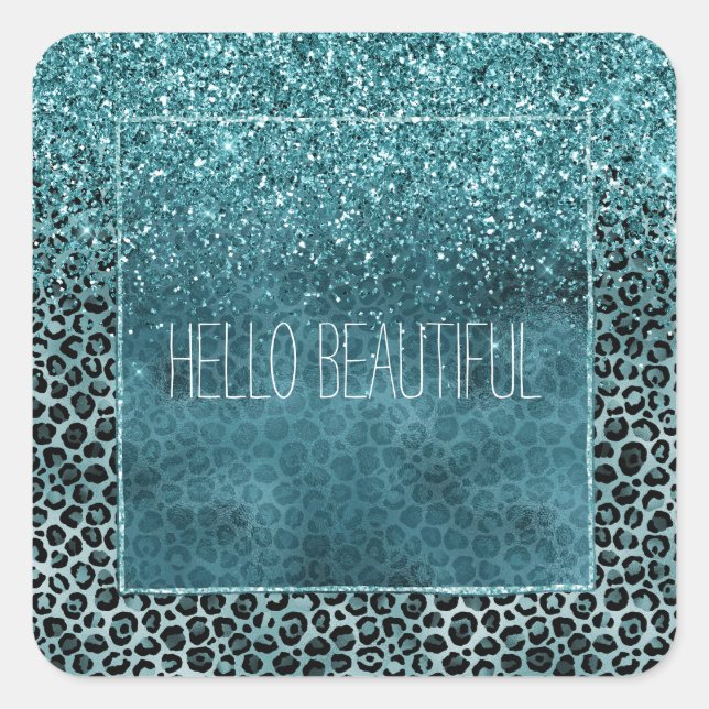 Sticker Carré Glam Turquoise Turquoise Blue Empreinte de léopard (Devant)