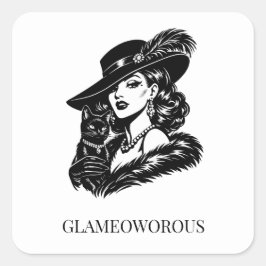 Sticker Carré Glam Woman with Cat Fashion Illustration