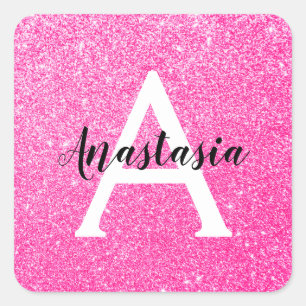 Sticker Carré Glamour Féminin Paillettes Rose Chaud Monogramme N