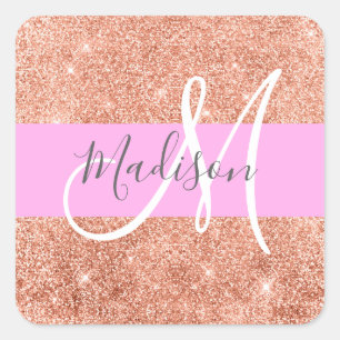 Sticker Carré Glamour Féminin Rose Pêche Or Paillettes Monogramm