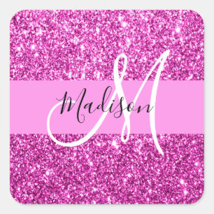 Sticker Carré Glamour Rose & Magenta Paillettes Étincelles Monog