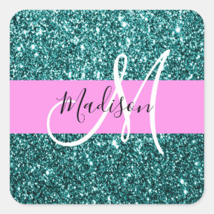 Sticker Carré Glamour Rose Sarcelle Vert Paillettes Étincelle Mo