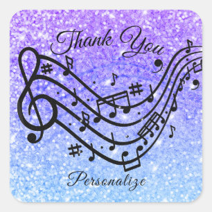 Sticker Carré Glitter Violet Bleu Musique Merci Personnalisé