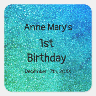 Sticker Carré Glitterie Turquoise Bleu Vert 1er anniversaire Béb
