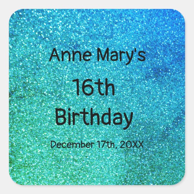 Sticker Carré Glitterie Turquoise Bleu Vert Étincelle 16e annive (Devant)