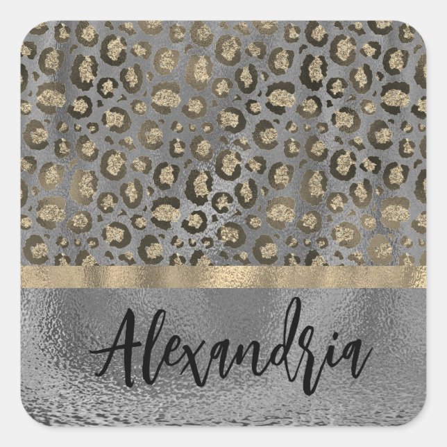 Sticker Carré Glittery Gold Empreinte de léopard sur Grey Person (Devant)