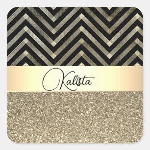 Sticker Carré Glittery Gold et Black Chevron Personnalisé