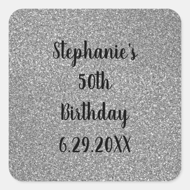 Sticker Carré Glittery Grey Silver Joyeux Anniversaire Nom Perso (Devant)