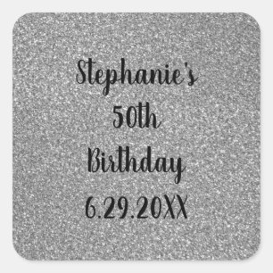 Sticker Carré Glittery Grey Silver Joyeux Anniversaire Nom Perso