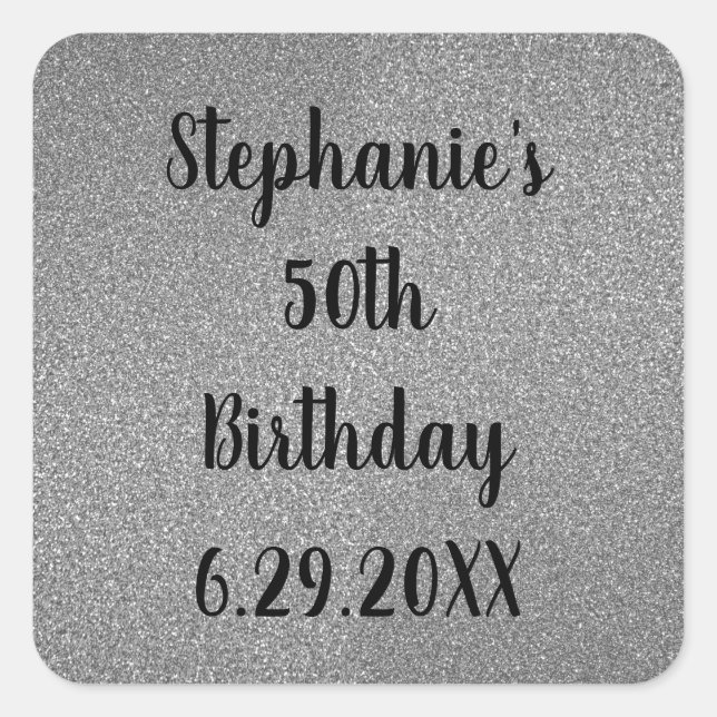 Sticker Carré Glittery Grey Silver Personnalisé Joyeux Anniversa (Devant)