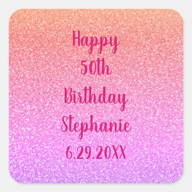 Sticker Carré Glittery Rose Gold Rose Personnalisé Joyeux Annive (Devant)