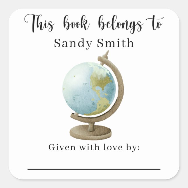 Sticker Carré Globe - Ce livre appartient avec message (Devant)