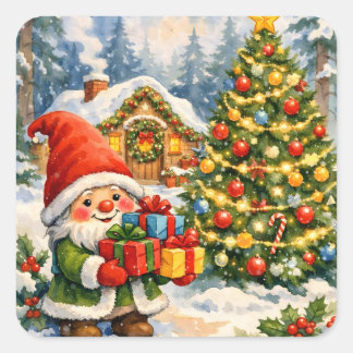 Sticker Carré Gnome aquarelle et sapin de Noël