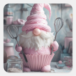 Sticker Carré Gnome Cupcake à pâtisserie rose adorable