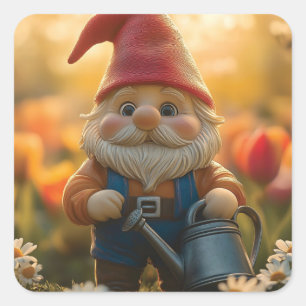 Sticker Carré Gnome de jardin adorable avec canne d'eau