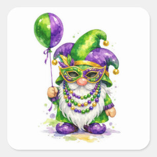 Sticker Carré Gnome de Mardi Gras avec ballon de fête
