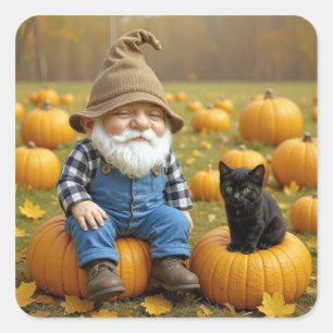 Sticker Carré Gnome Farmer et Black Kitten en Citrouille