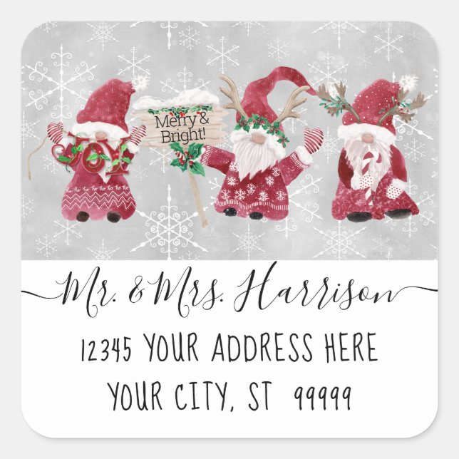 Sticker Carré Gnome Joy Merry n Bright Christmas Card Adresse (Devant)