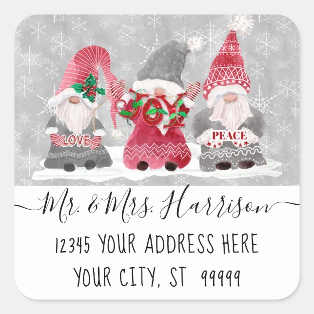 Sticker Carré Gnome Love Joy Peace Christmas Card Adresse (Devant)