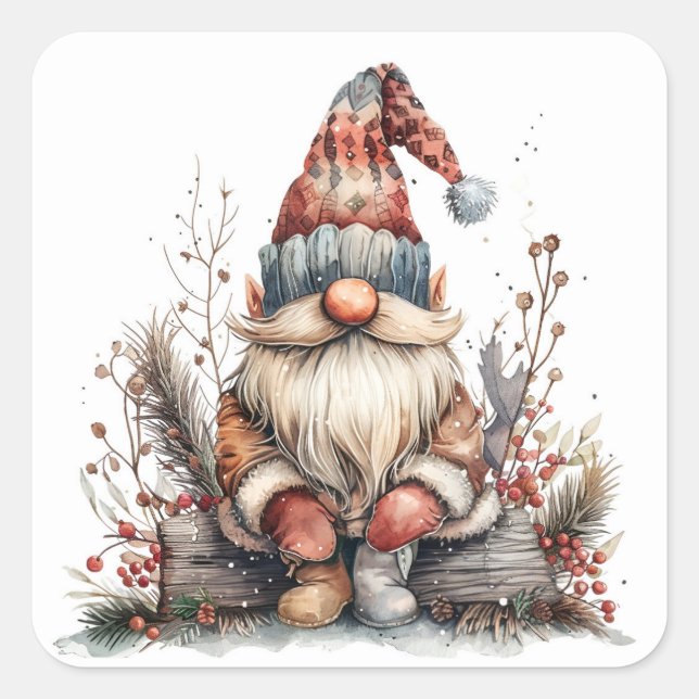 Sticker Carré Gnome scandinave assis sur un journal (Devant)