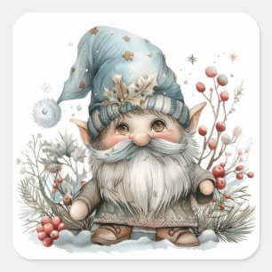 Sticker Carré Gnome scandinave en Aquarelle Bleue Bébé
