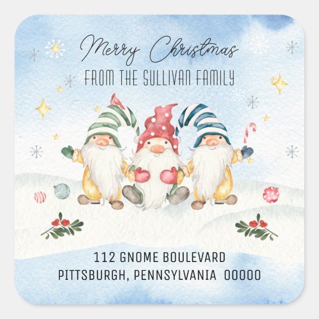Sticker Carré Gnomes de Noël Joyeux Retour Adresse (Devant)