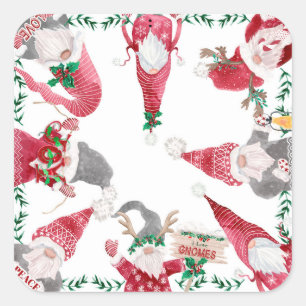 Sticker Carré Gnomes Noël Fêtes Rouge Grey Cute Aquarelle