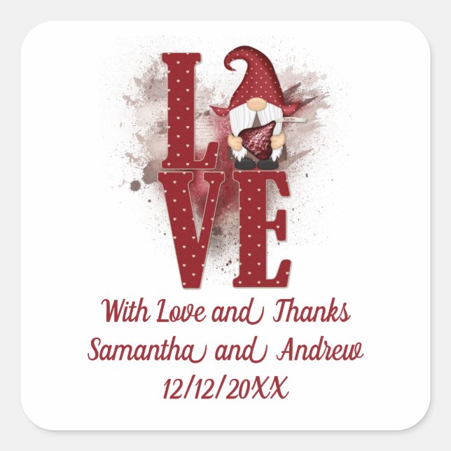 Sticker Carré Gnomes Red Love mignon Mariage (Devant)