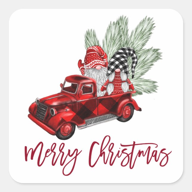 Sticker Carré Gnomes Rétro Noël Buffalo Camion Rouge Fêtes (Devant)