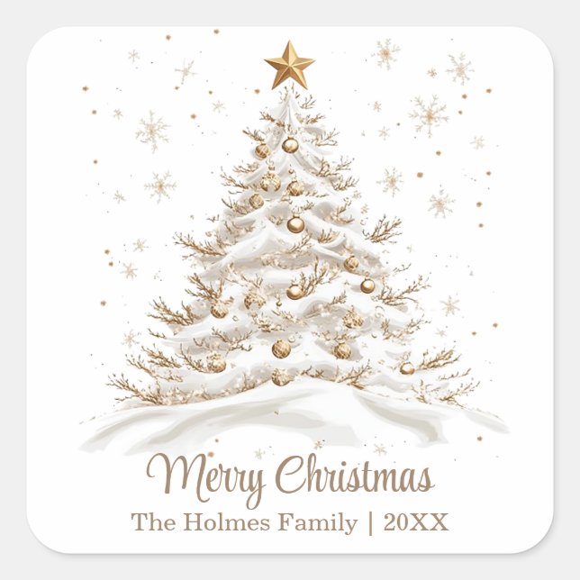 Sticker Carré Gold and White Christmas Tree with Family Name (Devant)