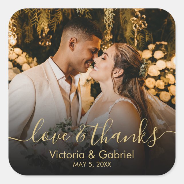 Sticker Carré Gold Black Love et Merci Script Mariage photo (Devant)