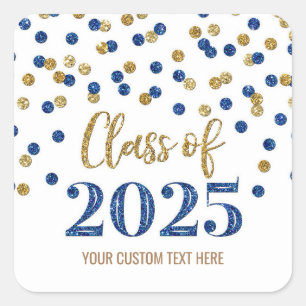 Sticker Carré Gold Blue Confetti Graduation 2025