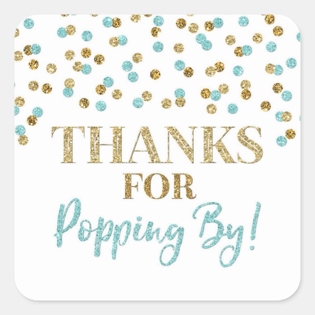 Sticker Carré Gold Blue Confetti Merci pour Popping By (Devant)