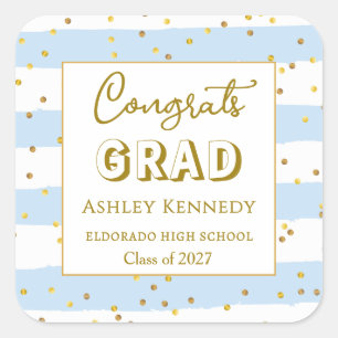 Sticker Carré Gold Confetti Blue Stripes Carré de graduation