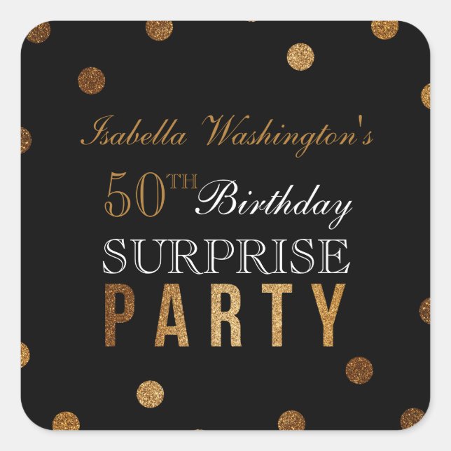 Sticker Carré Gold Confetti et Black Surprise fête d'anniversair (Devant)