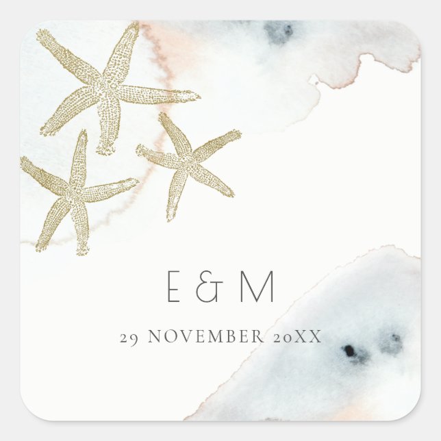 STICKER CARRÉ GOLD DUSKY BLUE BEACHING STARFISH MONOGRAM MARIAGE (Devant)