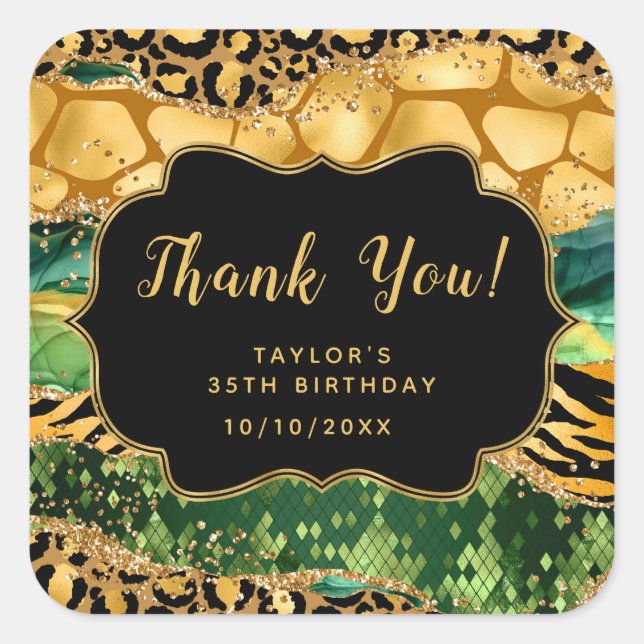 Sticker Carré Gold et Green Safari Agate Anniversaire Merci (Devant)